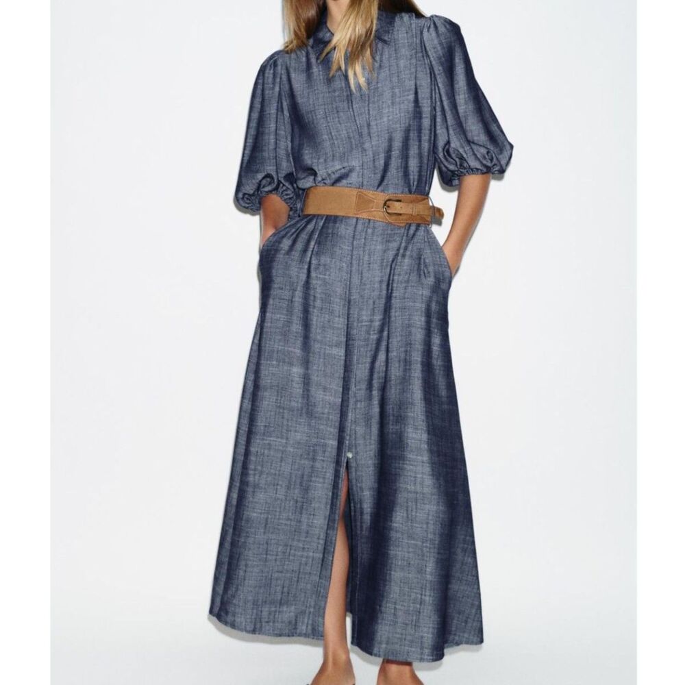 NEW ZARA Women Denim Button Midi Belted Puff Sleeve Dress Indigo